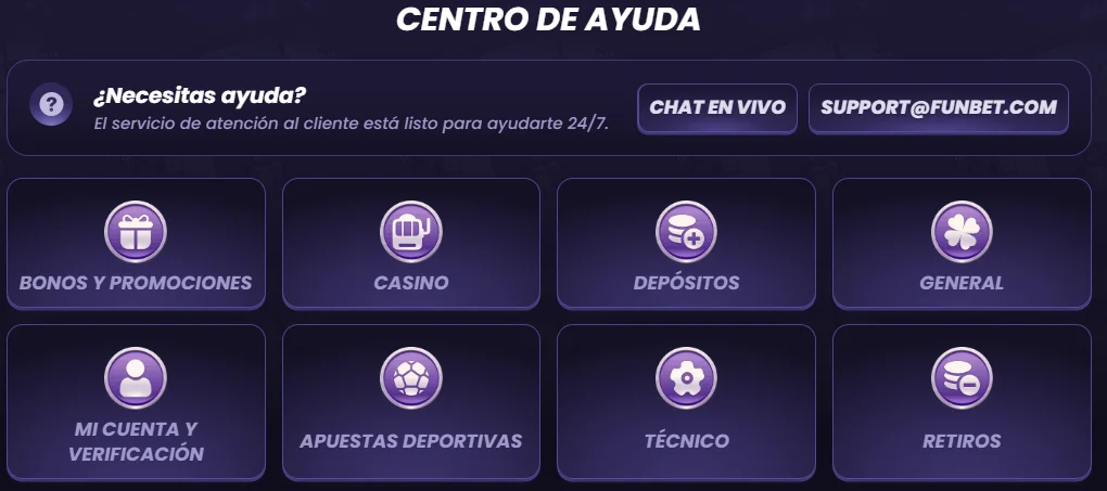 FunBet Casino centro de ayuda con chat en vivo, correo de soporte y categorías de atención