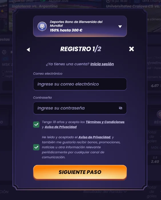 FunBet Casino formulario de registro con bono deportivo de bienvenida